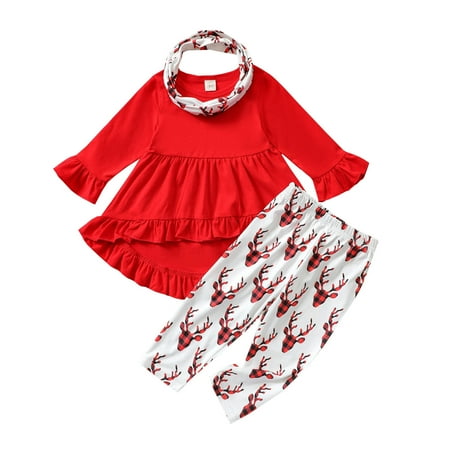 

TAIAOJING Baby Boys Girls Clothes Toddler Christmas Long Sleeve Ruffles T Shirt Tops Cartoon Deer Prints Pants Scarf Kids Outfits 12-18 Months