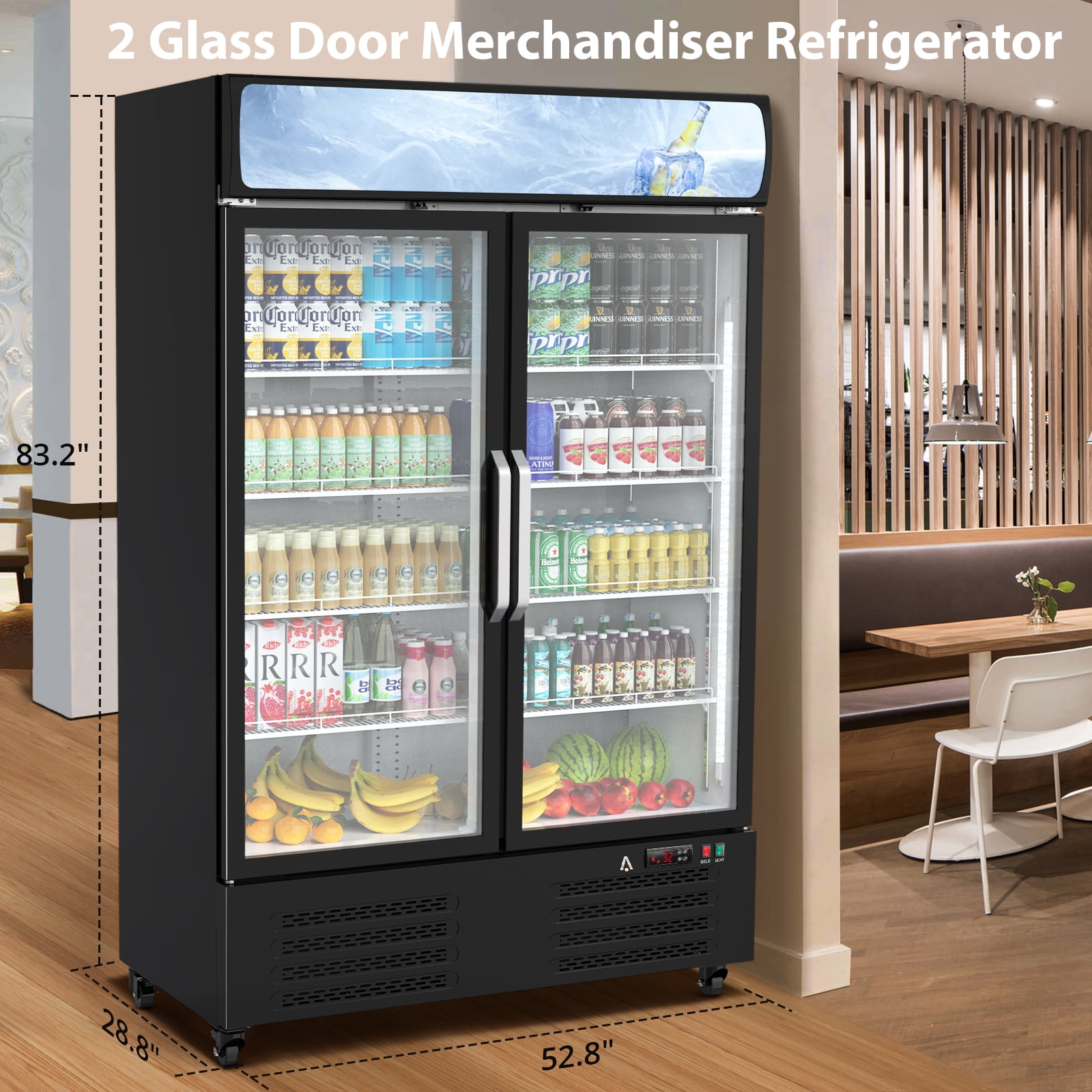 Roromall Commercial Refrigerator, Glass Door with LED Lighting - Upright Beverage Display Cooler for Home, Store, Gym, or Office, Featuring Double Swing Doors and 36.3 cu.ft