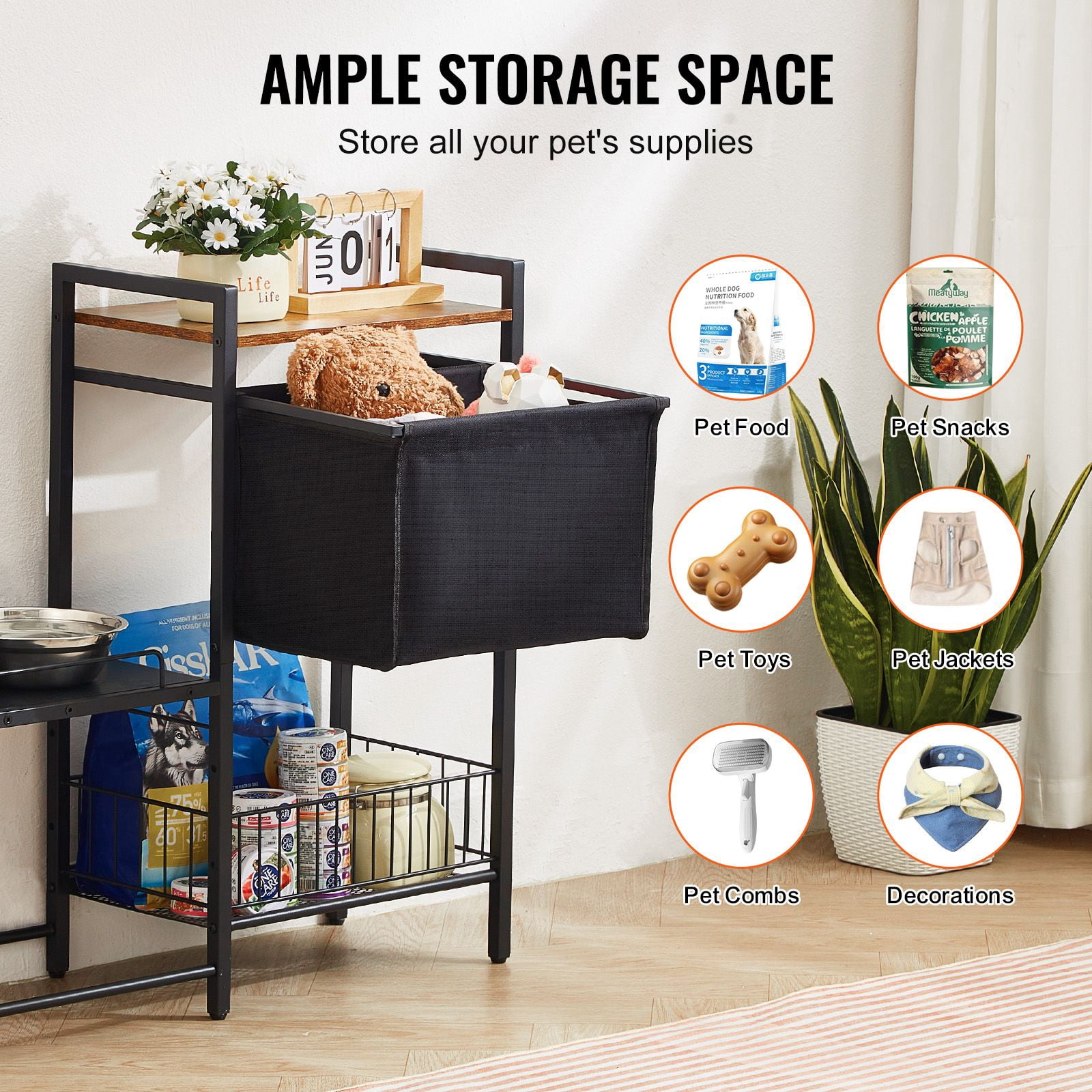 Dranite Elevated Pet Feeding Station with Storage, Raised Dog Bowls, Food Storage Shelves