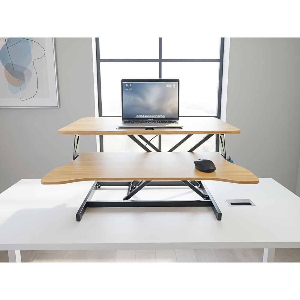 32 Inch Standing Desk Converter, Height Adjustable Sit Stand Riser with Wide Keyboard Tray, Dual Monitor Workstation, Natural Color