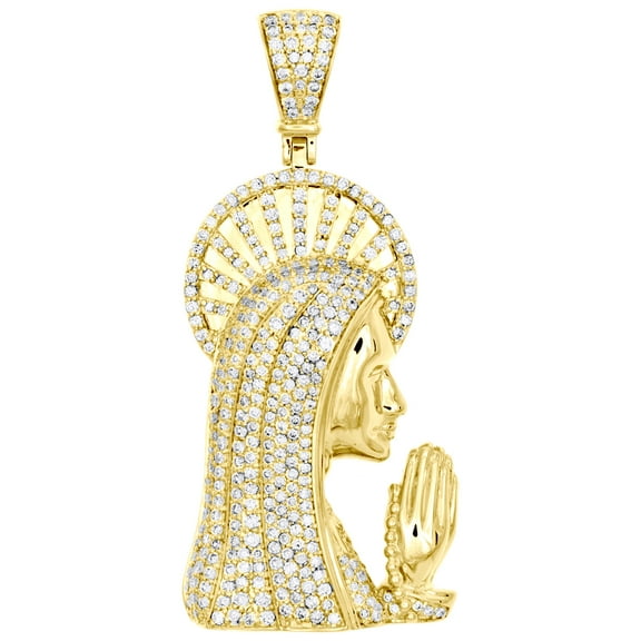 10K Yellow Gold Round Diamond Virgin Mother Mary Pendant 1.8" Pave Charm 1.40 CT