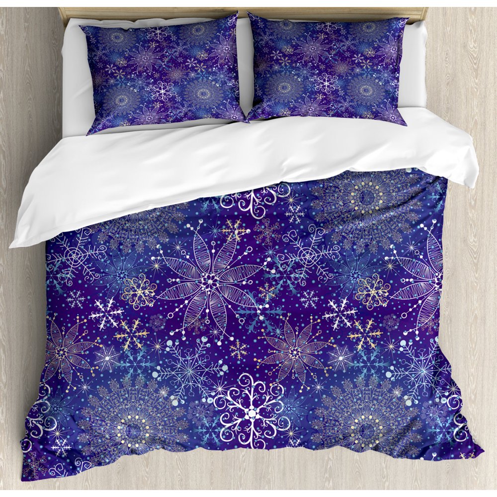 Dark Blue Duvet Cover Set King Size, Christmas Inspired Pattern with