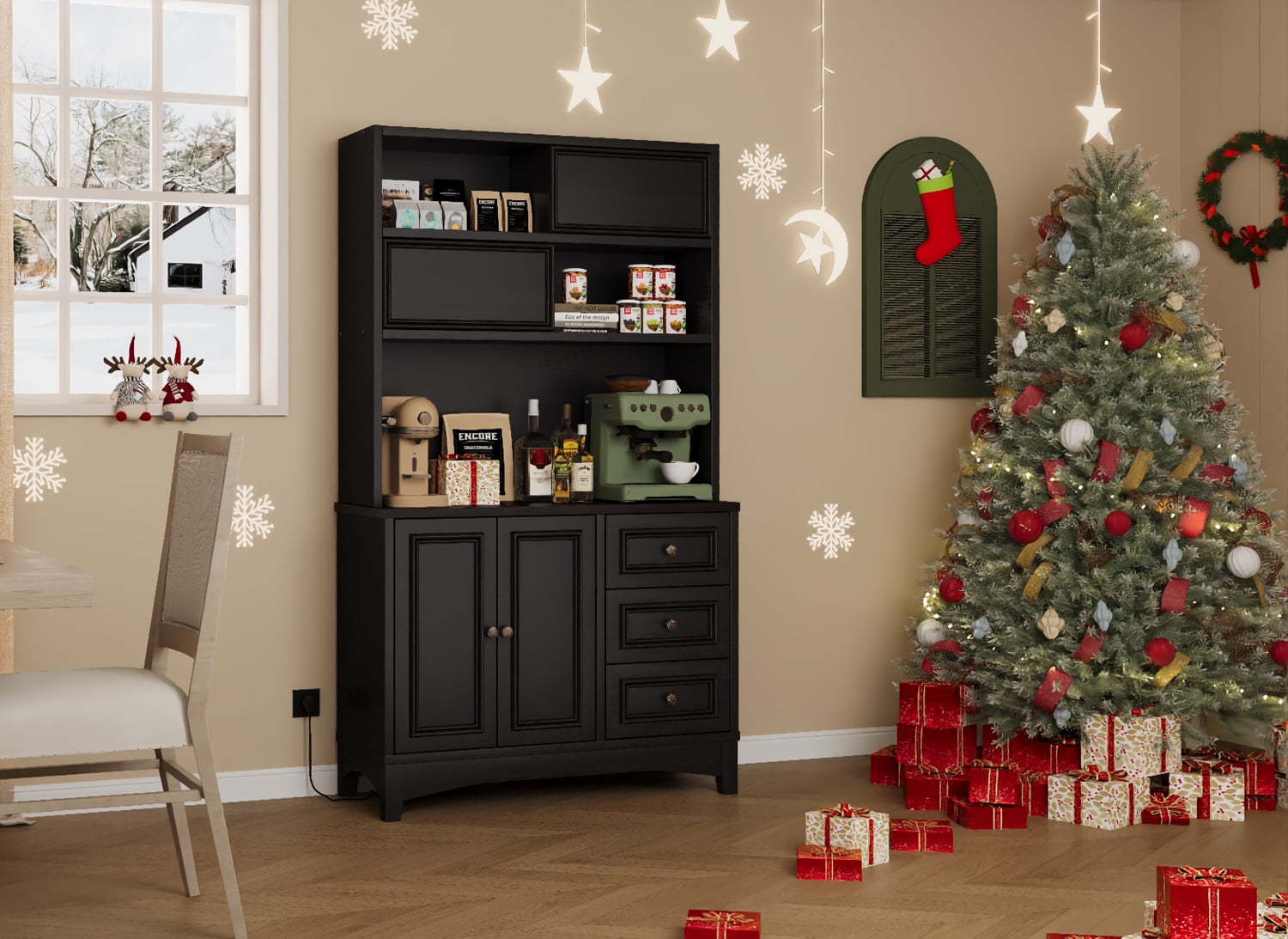 71" Kitchen Hutch with Storage Drawers, Pantry Cabinet with Charging Station for Living Room, Dining Room, Black