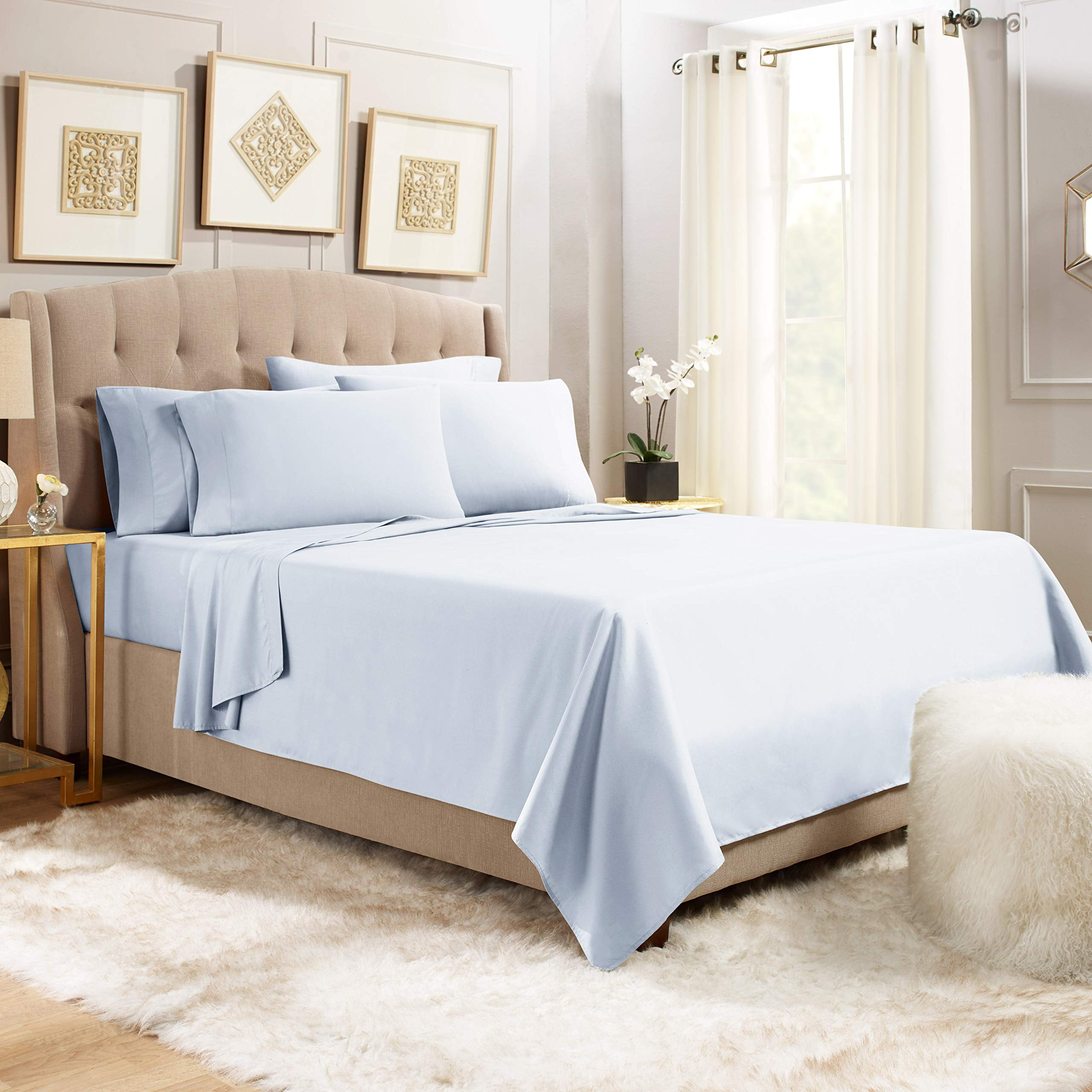 California Queen Sheet Set 4 Piece Egyptian Cotton Sky Blue Bed Sheet