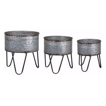 Galvanized Metal Planter Tubs Set of 3 - Gray & Black Hairpin Legs - Indoor Outdoor Rustic Plant Pots - Large, Medium, Small - Benzara