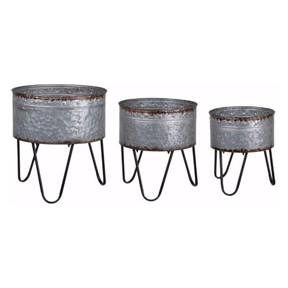 Galvanized Metal Planter Tubs Set of 3 - Gray & Black Hairpin Legs - Indoor Outdoor Rustic Plant Pots - Large, Medium, Small - Benzara