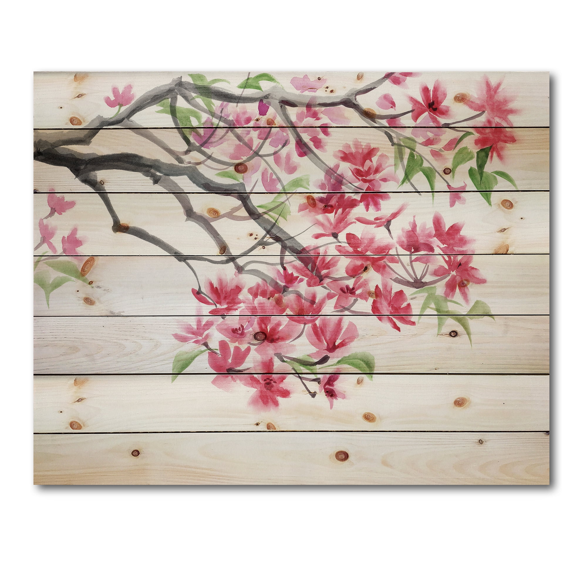 Designart 'Red Blossoming Tree On White' Traditional Print on Natural Pine Wood