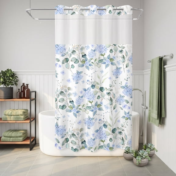 No Hook Shower Curtain with Built-In Rings, Blue Floral Washable Waterproof Fabric Curtain with Mesh Top Window for Bathroom, Country Hydrangea Eucalyptus Leaf 36"x72"
