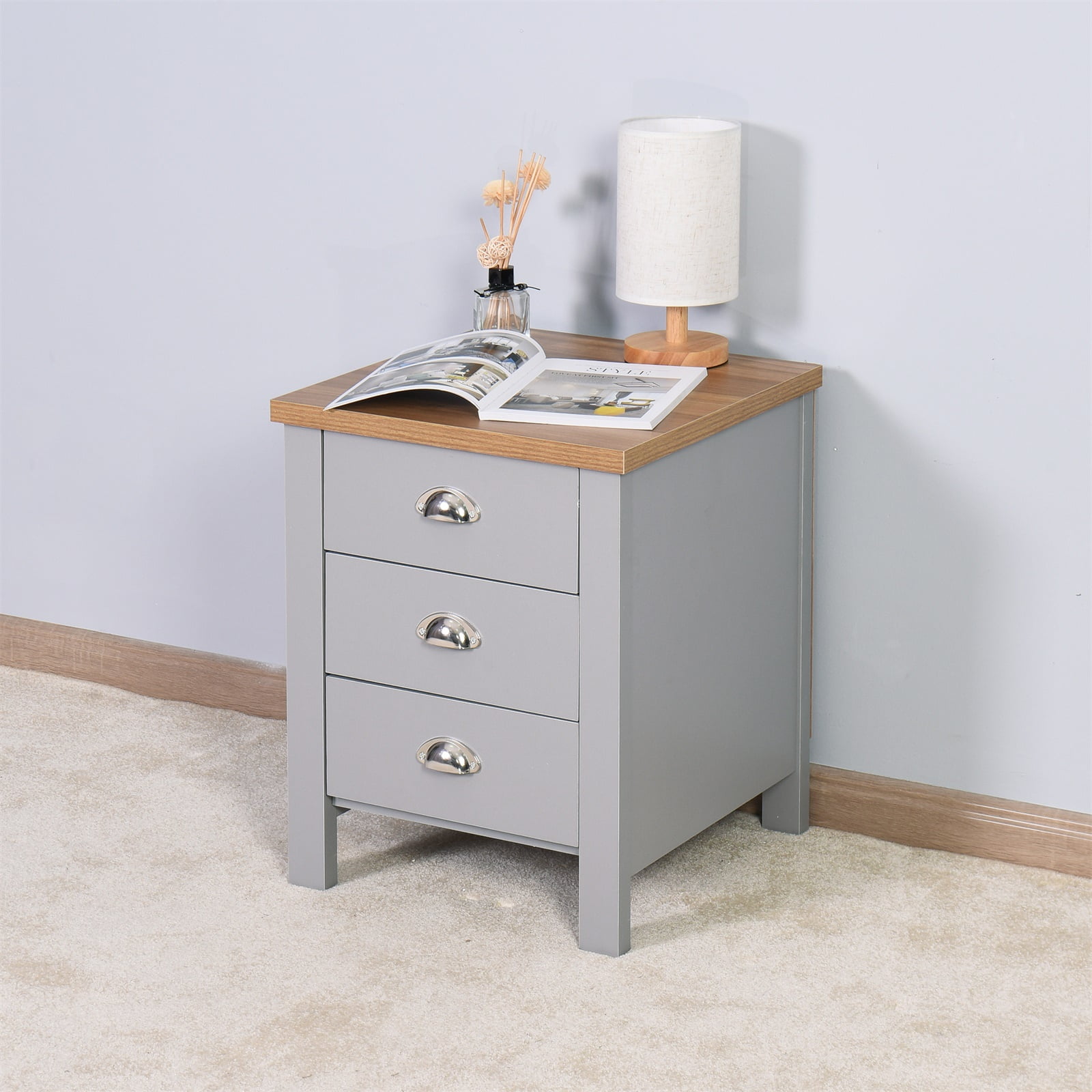 3-Drawer Nightstands & Bedside Tables, Modern Storage Cabinet for Bedroom, Grey