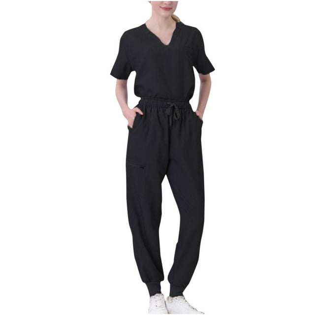 Pisexur Ensemble de Sarrau Moderne Uni Extensible à Col en V et Manches Courtes pour Femmes, P-2TG