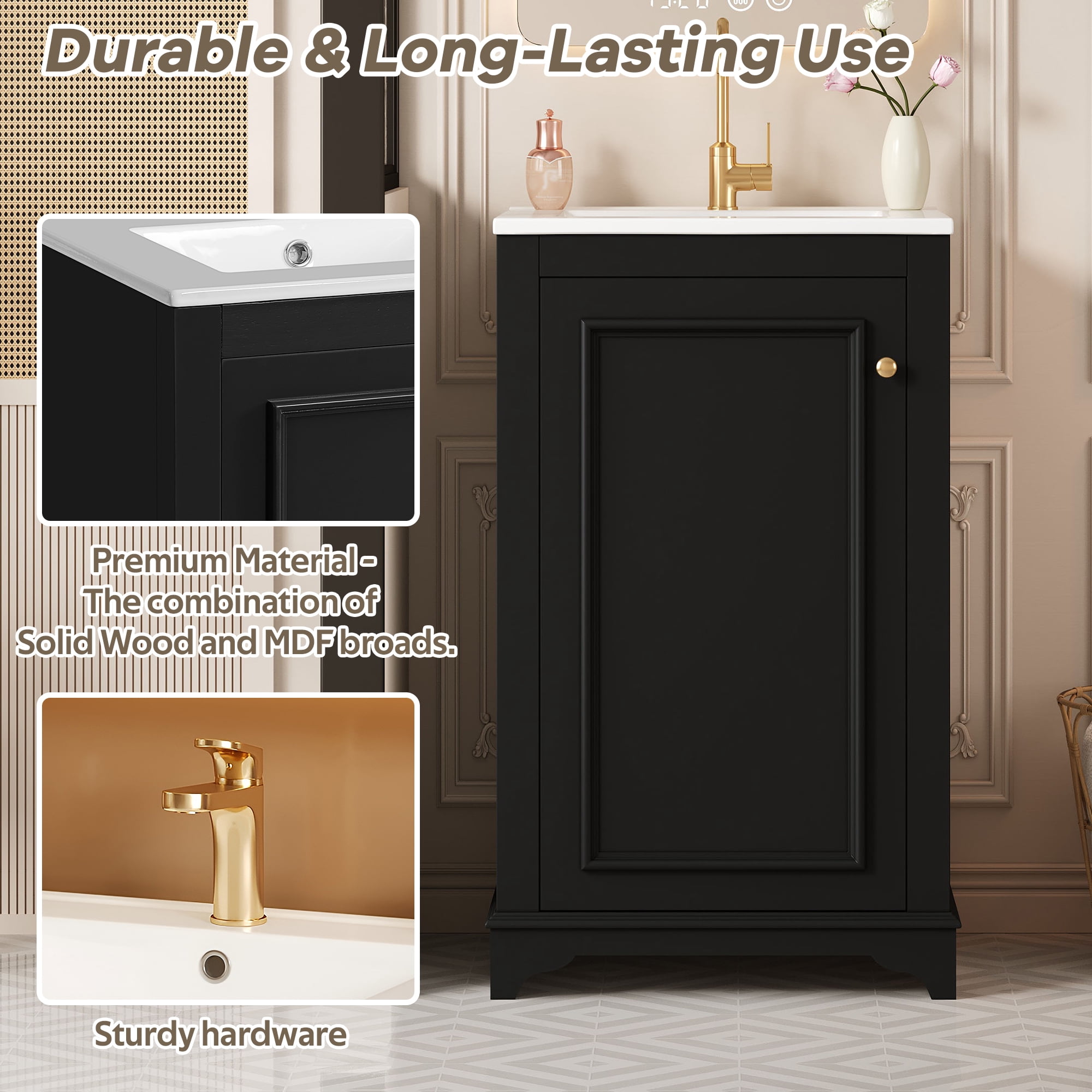 Euroco 20-inch Bathroom Vanity with Ceramic Sink, Freetanding Single Vanity Set with Soft Closing Door, adjustable shelf, Modern Style, Black.