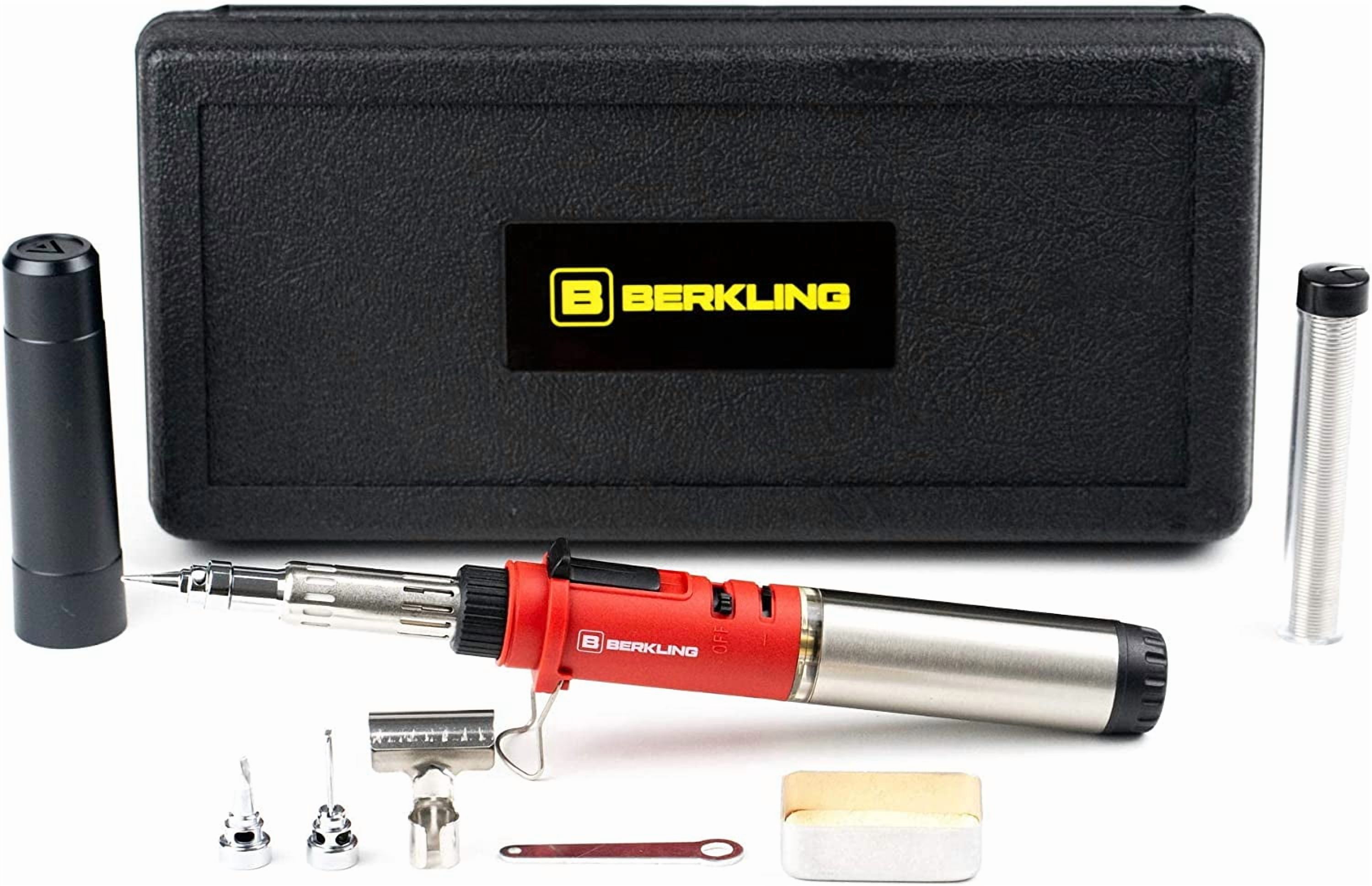 Berkling Premium Butane Soldering Iron - Portable Cordless Welding Micro Solder Torch Heat Gun, 3 Pro Grade Tips, 15g 60/40 Rosin Core Solder Wire, Mini Wrench, Sponge