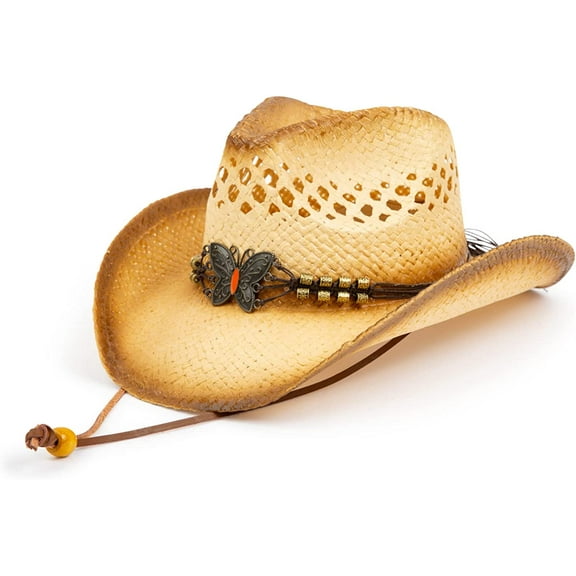 Straw Cowboy Hat for Women and Men with Shape-It Brim, Western Cowboy Hat, Butterfly - Tea Stain
