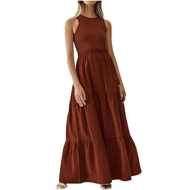 FAIWAD Robe d'Été Sans Manches pour Femmes Invitée de Mariage Maxi Robe Débardeur Robe Trapèze en Tricot Côtelé avec Poches