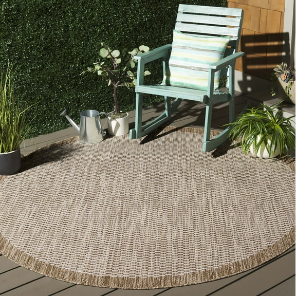 SAFAVIEH Beach House Maryam Bordered Indoor/Outdoor Area Rug, Brown/Ivory, 6'7" x 6'7" Round