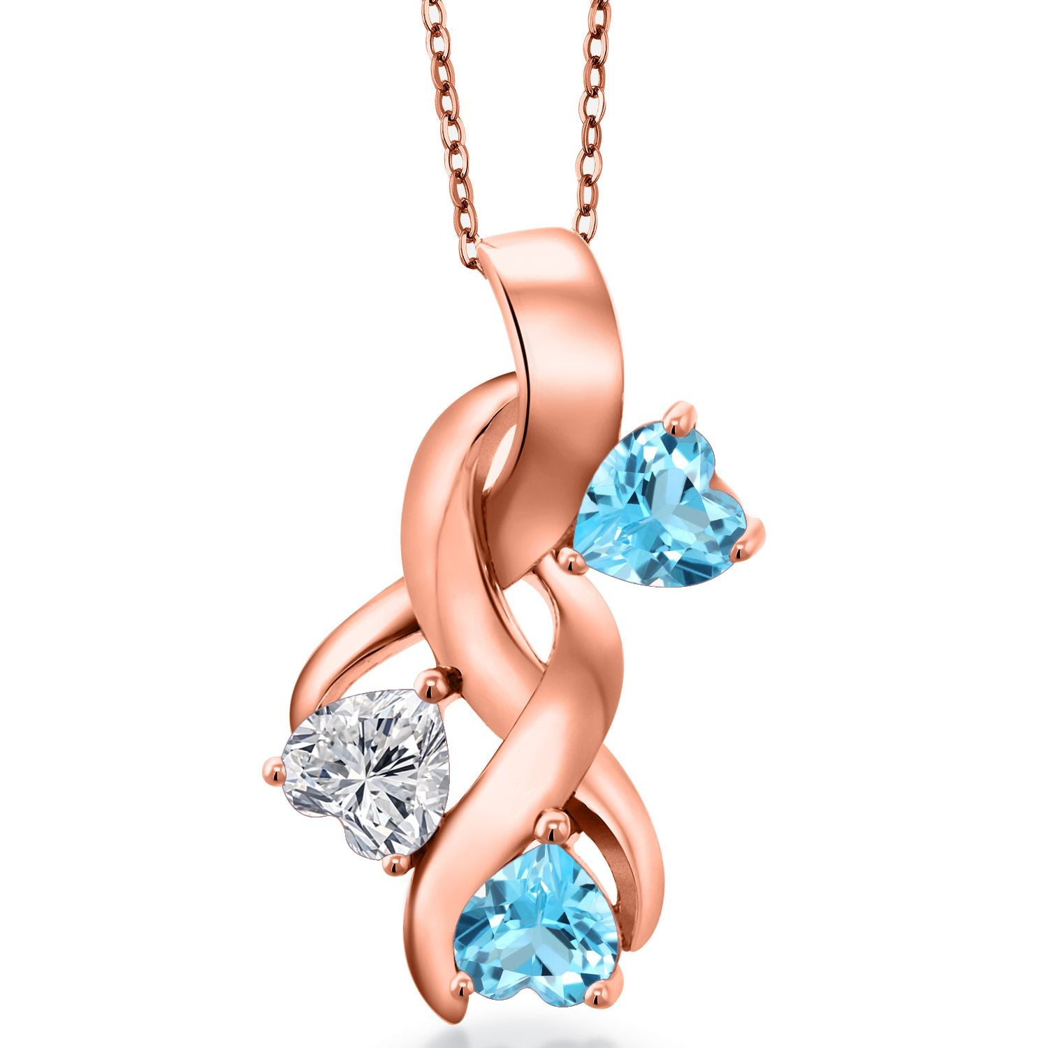 Gem Stone King 18K Rose Gold Plated Silver Lab Grown Diamond and Swiss Blue Topaz Pendant Necklace for Women | 1.54 Cttw | Gemstone April Birthstone | Heart Shape 5MM | With 18 inch Chain