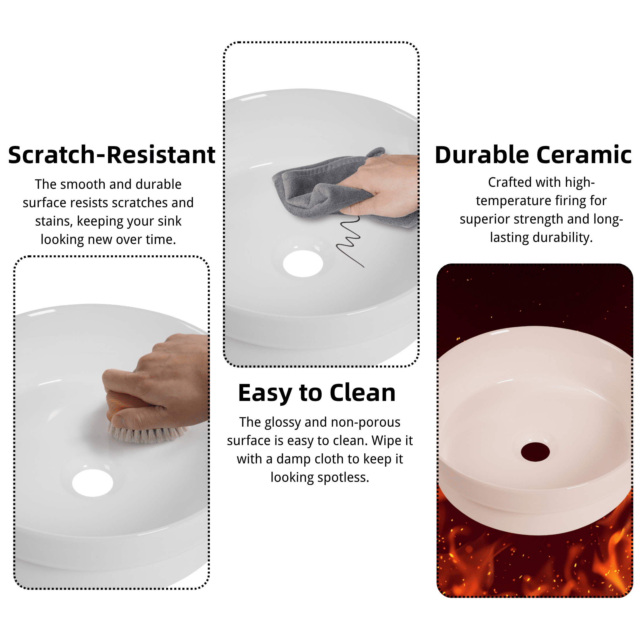 Los Flexi 14" Round Ceramic Semi-Recessed Bathroom Sink without Overflow, White Vessel Basin with Glossy Scratch-Resistant Finish, Drop-In or Countertop Installation