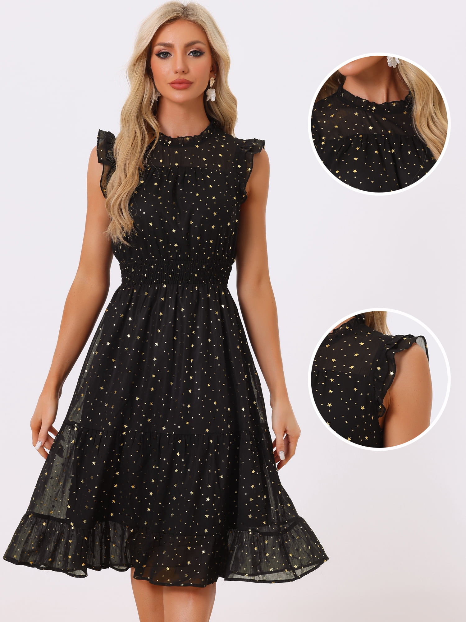 DARING DIVA Smocked Waist Gilding Metallic Stars Chiffon Dress S Black