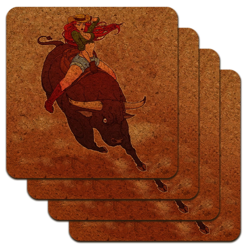 Pinup Rodeo Cowgirl Pinup Riding Bucking Bull Rodeo Low Profile Novelty Cork ...