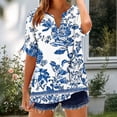 thumbnail image 4 of Womens Cotton T-Shirt Short Roll On Sleeve Shirt Button V Neck Fashion Printed Comfy Loose Fit Summer Tops (S, Blue), 4 of 5