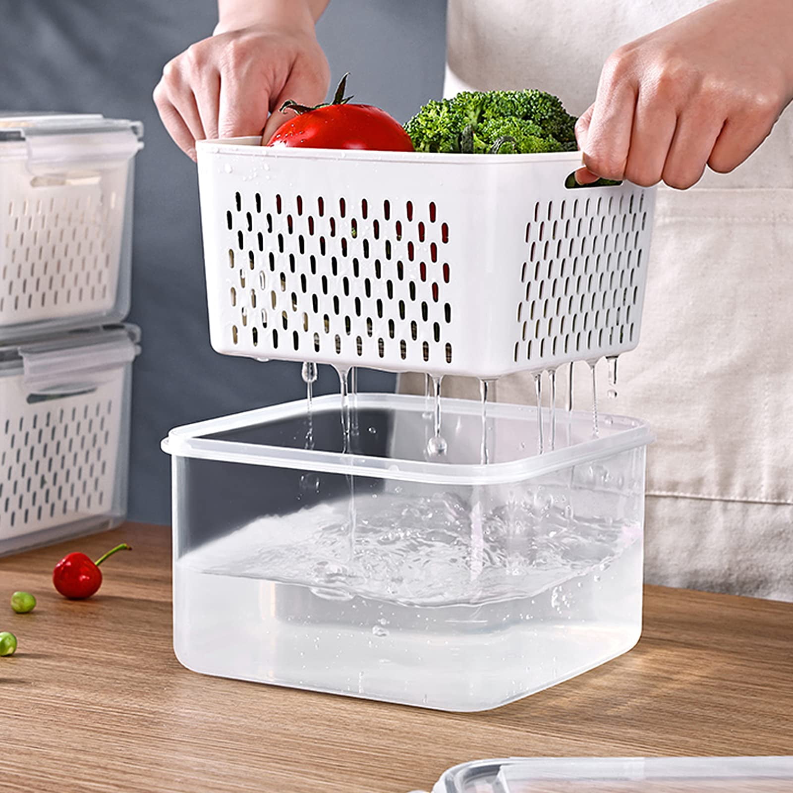 3pack Fridge Food Storage Container Set With Lids Strainer Plastic Fresh Produce Saver Vegetable Fruit Meat Organization  Keepers(3.15l+1.7l+0.8l)