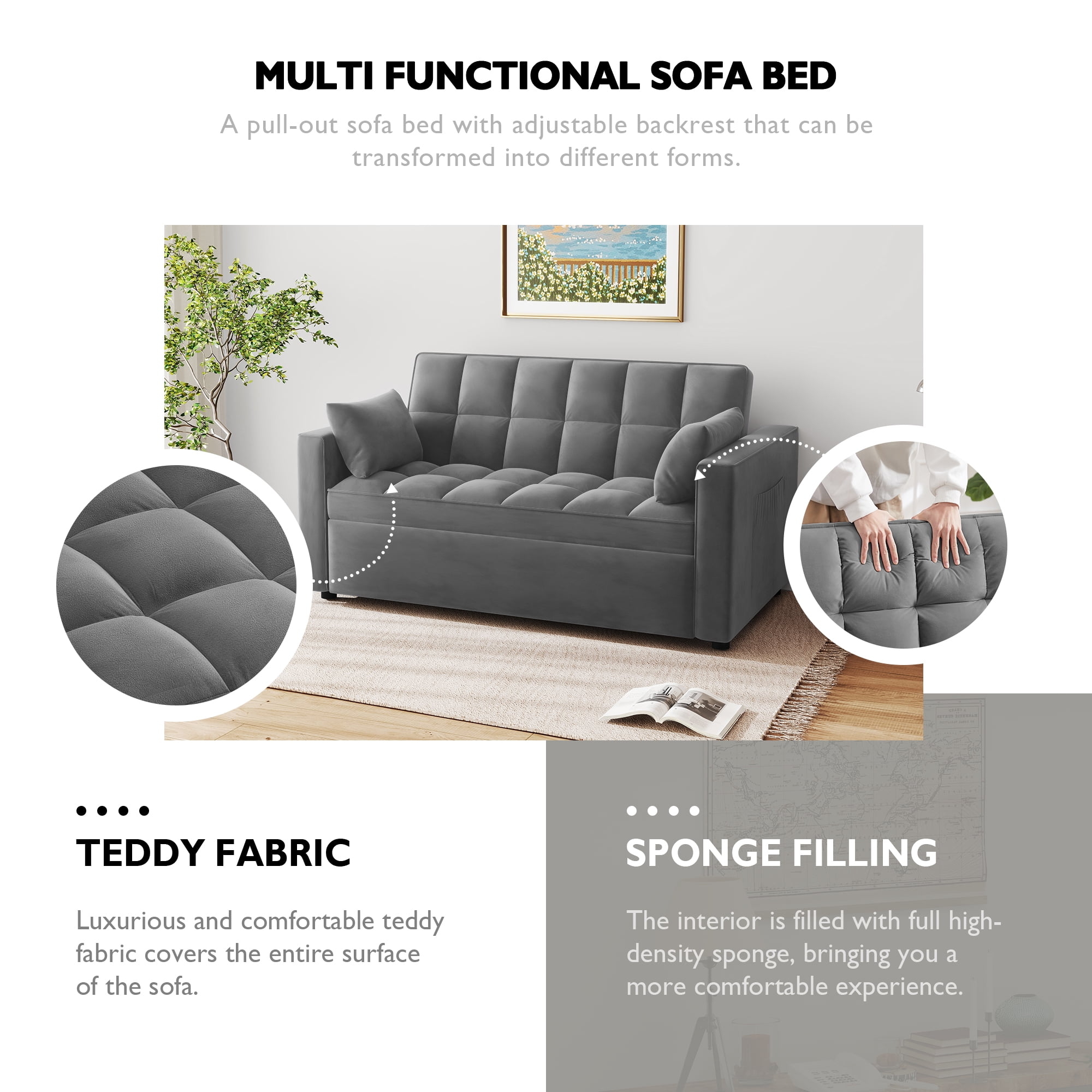 AENKYO Convertible Pull-Out Loveseat Sleeper Sofa Bed for Living Room, Modern Upholstered Futon in Dark Gray