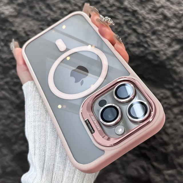 Luxury Magnetic Shockproof Case For iPhone 16 15 14 13 12 11 Pro Max 16 Plus Hard Funda Stand Glass Lens Protection Back Cover Pink For iphone15Promax