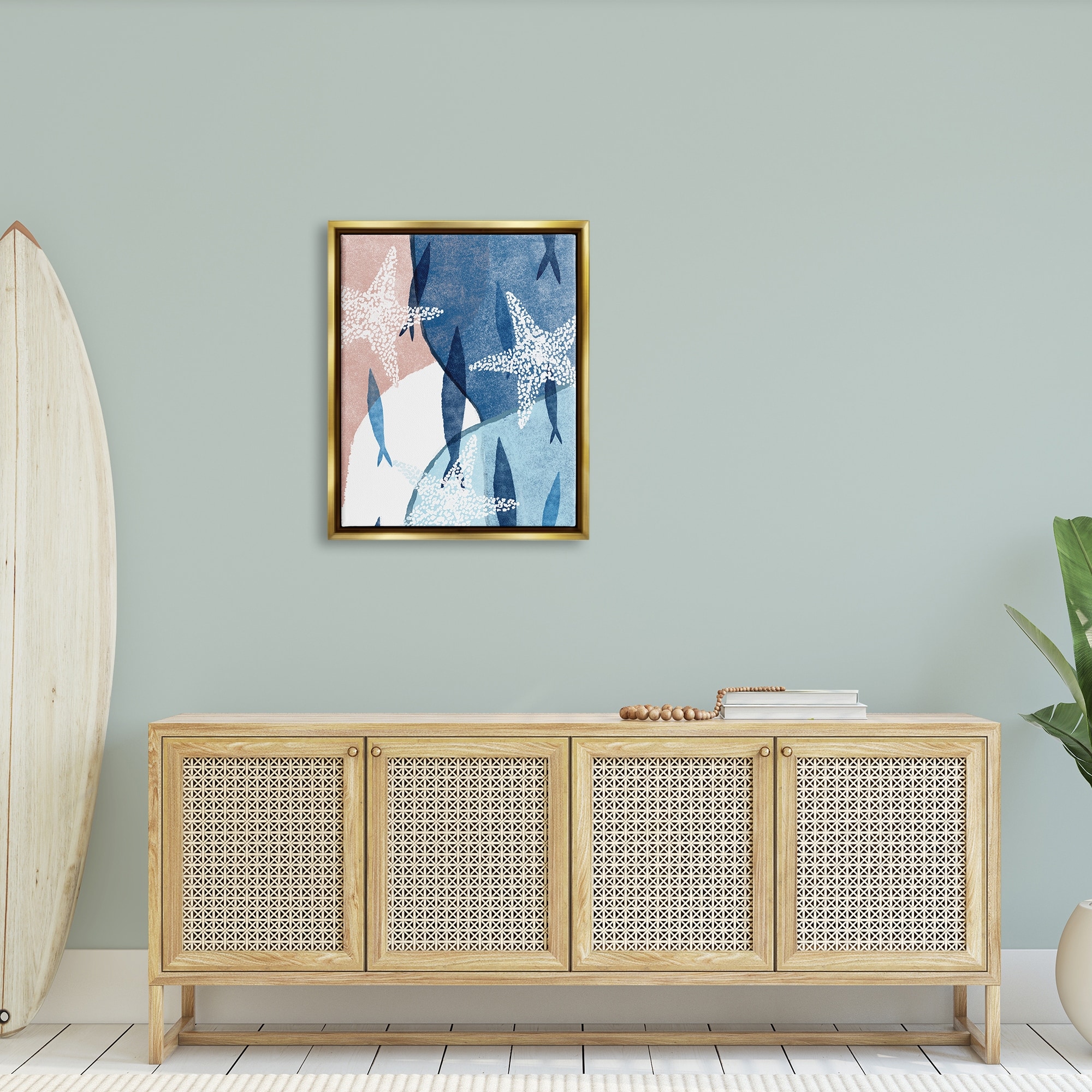 Stupell Industries Abstract Fish Swimming Speckled Starfish Blocked Design Painting Metallic Gold Floating Framed Canvas Print Wall Art, Design by Ziwei Li