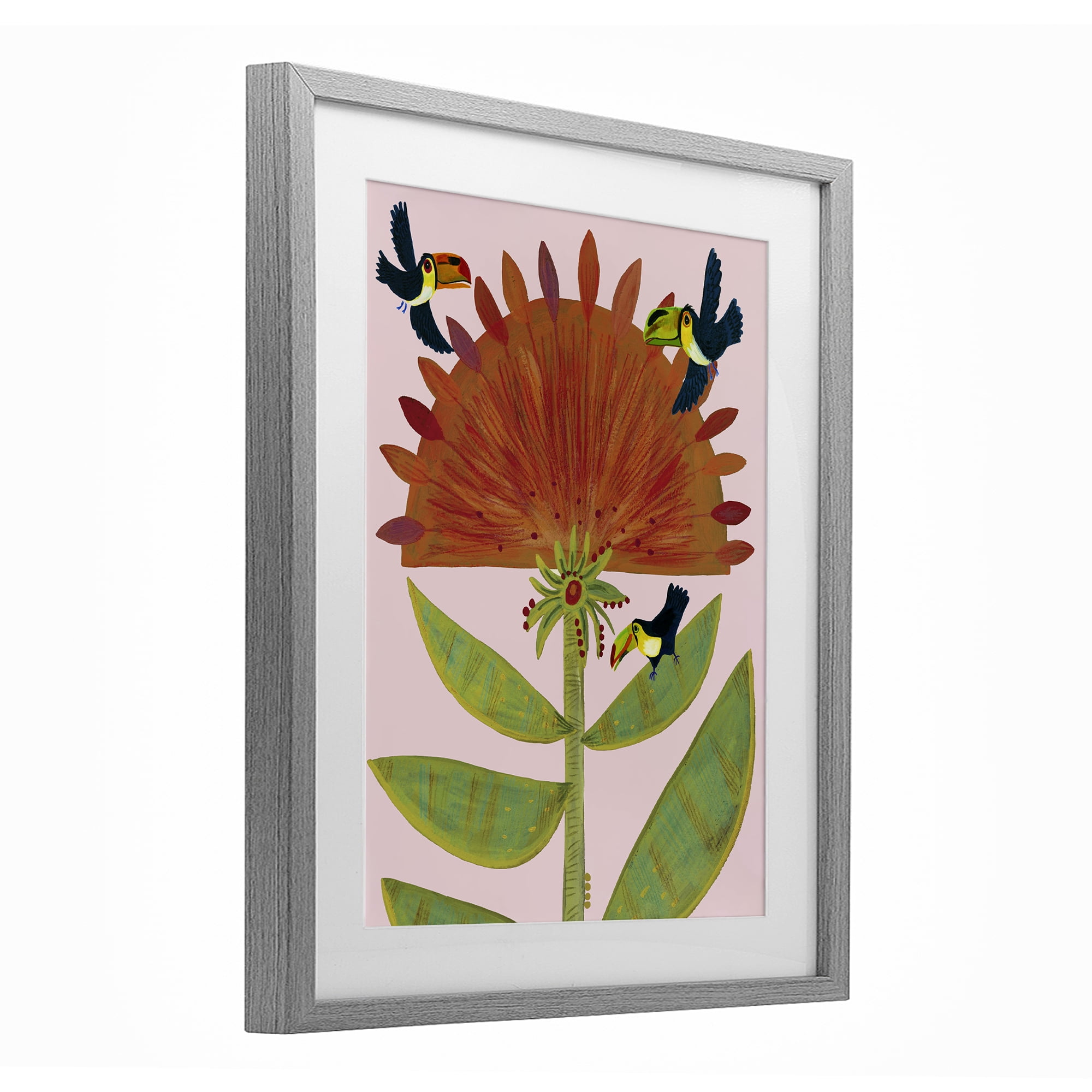 Stupell Industries Tropical Plant & Toucans Gray Framed Print Under Glass, design by Kay Widdowson