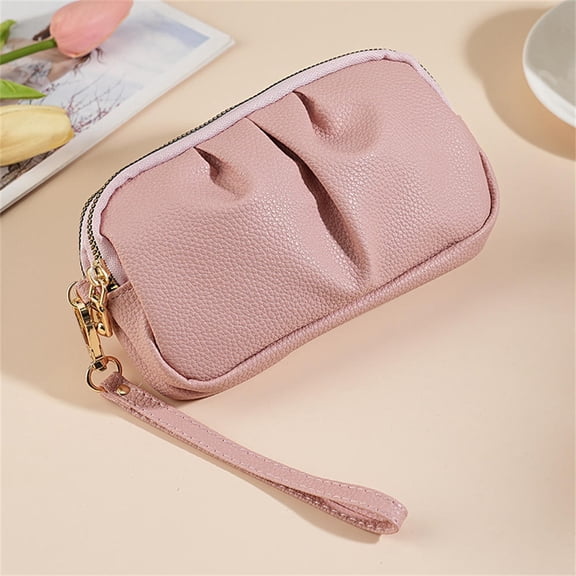 New Women's Wallet PU Leather Pleated Clutch Bag with Lanyard Large Capacity Ladies Wrist Storage Bags Double Zipper Coin Purse