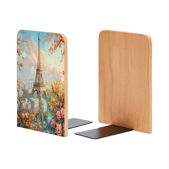 Bookends 1 Pair Non-Skid Bookend Wood Bookends for Shelves Book Stand for CDs - The Eiffel Tower Surrounded By Roses in Shades of Pink