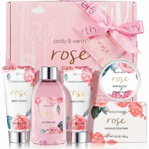 Spa Gift Sets for Women - Rose Bath and Body Care Gift Baskets, Beauty Birthday Gifts for Her, 6 Pcs