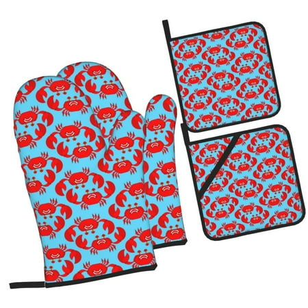 

Haiem Cartoon Crabs Print Extra Long Oven Mitts and Pot Holders 4pc Sets: Heat Resistant Silicone Oven Mittens with Mini Oven Gloves and Hot Pads Potholders