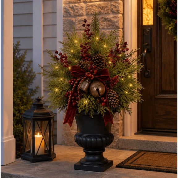 Outdoor Christmas Porch Urn Filler Pre‑Lit Artificial Evergreen Branches With Red Berries Pinecones Burgundy Bow Antique Bells For Entryway Holiday Display