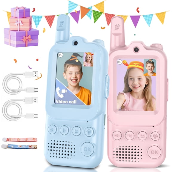 Video Walkie Talkies for Kids, Handheld 2 Pack Rechargeable Video Intercom Kids Walkies Talkies, with HD Camera & Voice Changer, Gifts for Boys & Girls Ages 3–10 (Pink Blue)