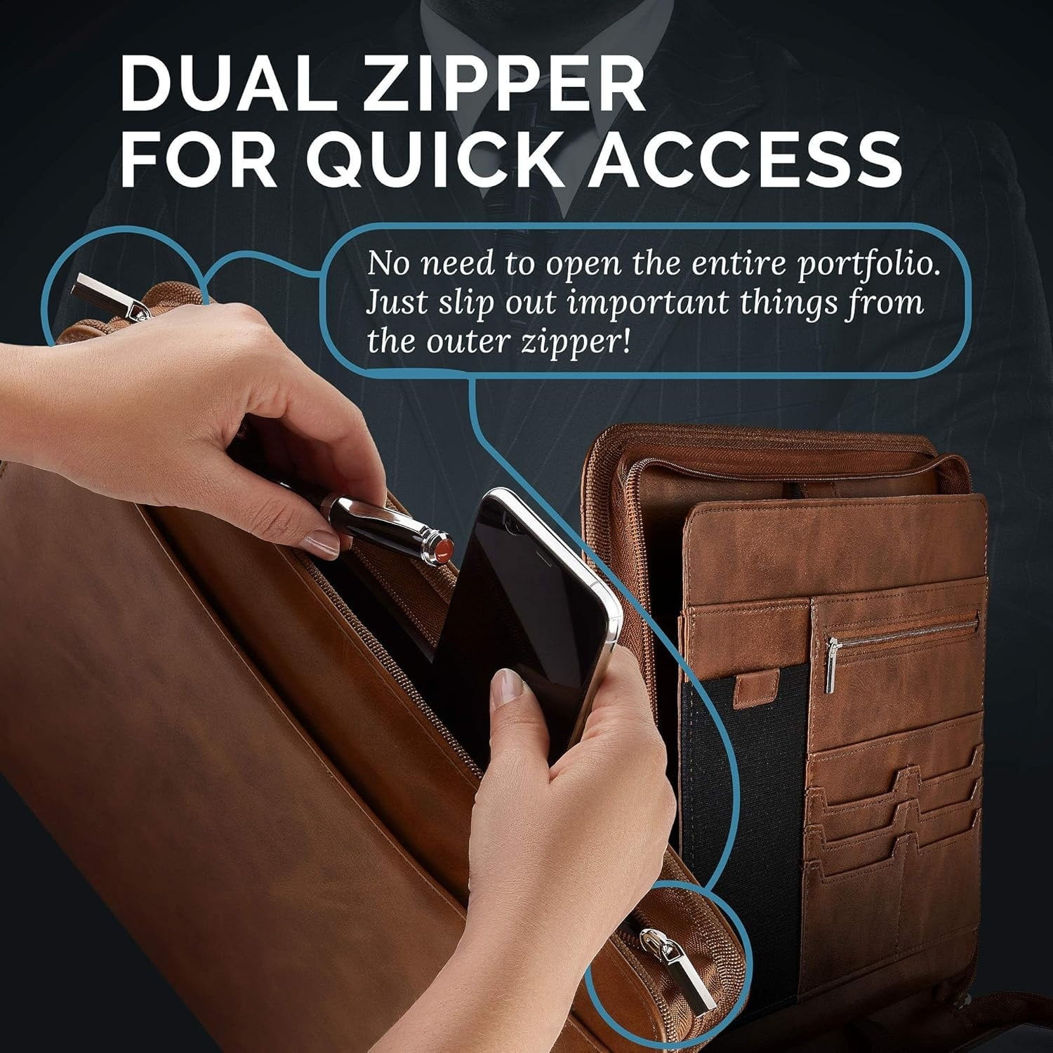 Zippered Vegan Leather Padfolio/Portfolio Pad Holder-Business PU Leather Notepad Folder for Resumes, Interviews, iPad/Tablet, Phone, Legal Pad Notebook Executive Binder for Women, Men