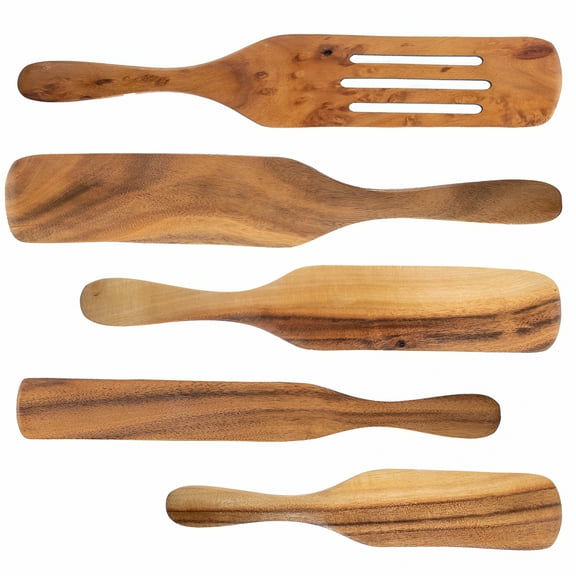 ACDANC Spurtle Spatula Spoon Kitchen Cooking Utensil - Premium Wood 5Pc Set - Natural Teak Wood Machine Washable - Non Stick Wooden Cookware Spatula Spoon
