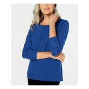 KAREN SCOTT Womens Navy Textured Ribbed 3/4 Sleeve Crew Neck Sweater Petites PS