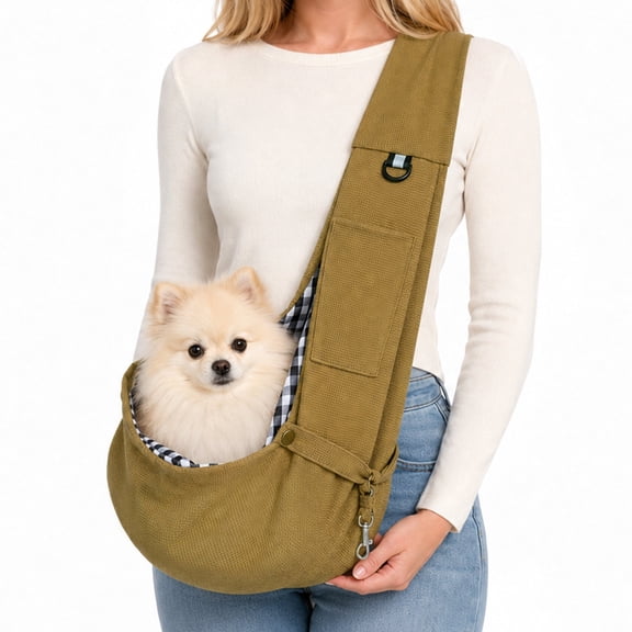 Dog Sling Carrier for Small Dogs and Cats up to 16.5 lb, Breathable Mesh Pet Shoulder Bag with Wide Strap, Harness Clip and Pocket, Olive Green