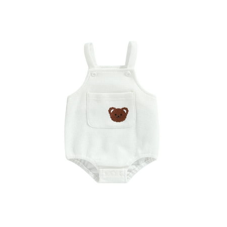 

Genuiskids 0-24M Baby Girls Romper Newborn Summer Knit Sling Waffle Romper Sleeveless Cartoon Bear Embroidery Playsuits Infant Girl Boy Summer Outfits