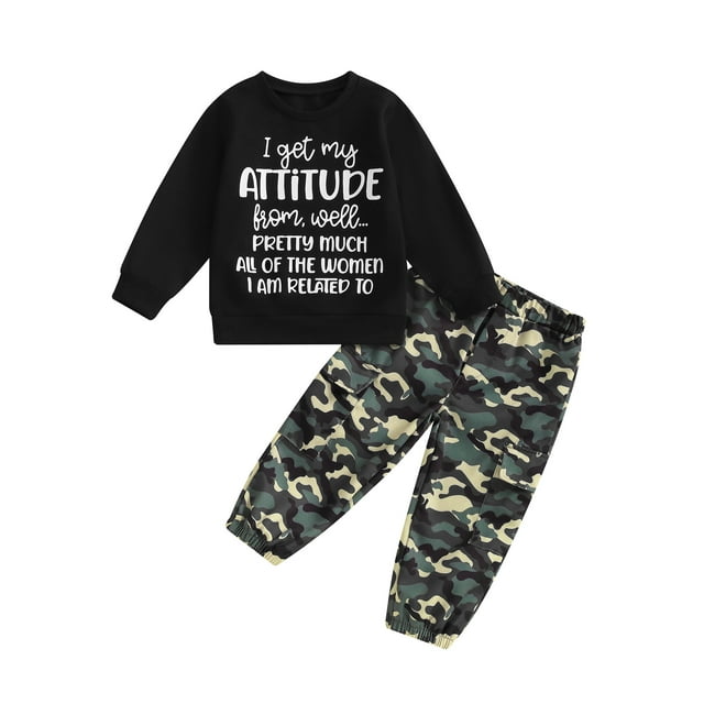 xiaxaixu Little Boy 2 Piece Set, Letter Print Long Sleeve Tops Camouflage Cargo Pants Toddler Outfits for Spring Fall