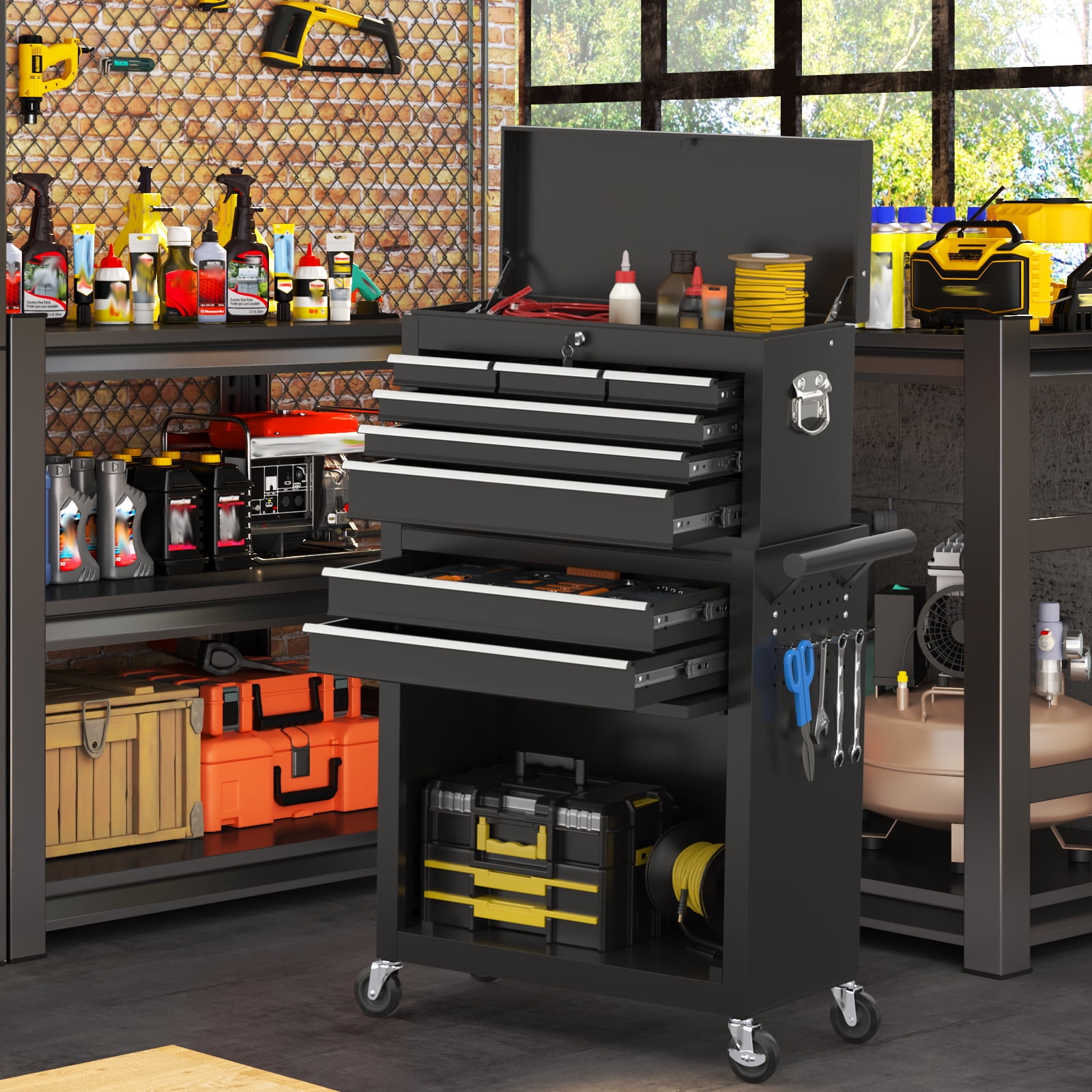 Odaof 8 Drawer Mechanic Tool Chest with Wheels Heavy Duty Rolling Tool Box Cabinet with Riser Sliding Drawers Keyed Locking System Top Detachable Toolbox Organizer for Workshop Cool Black