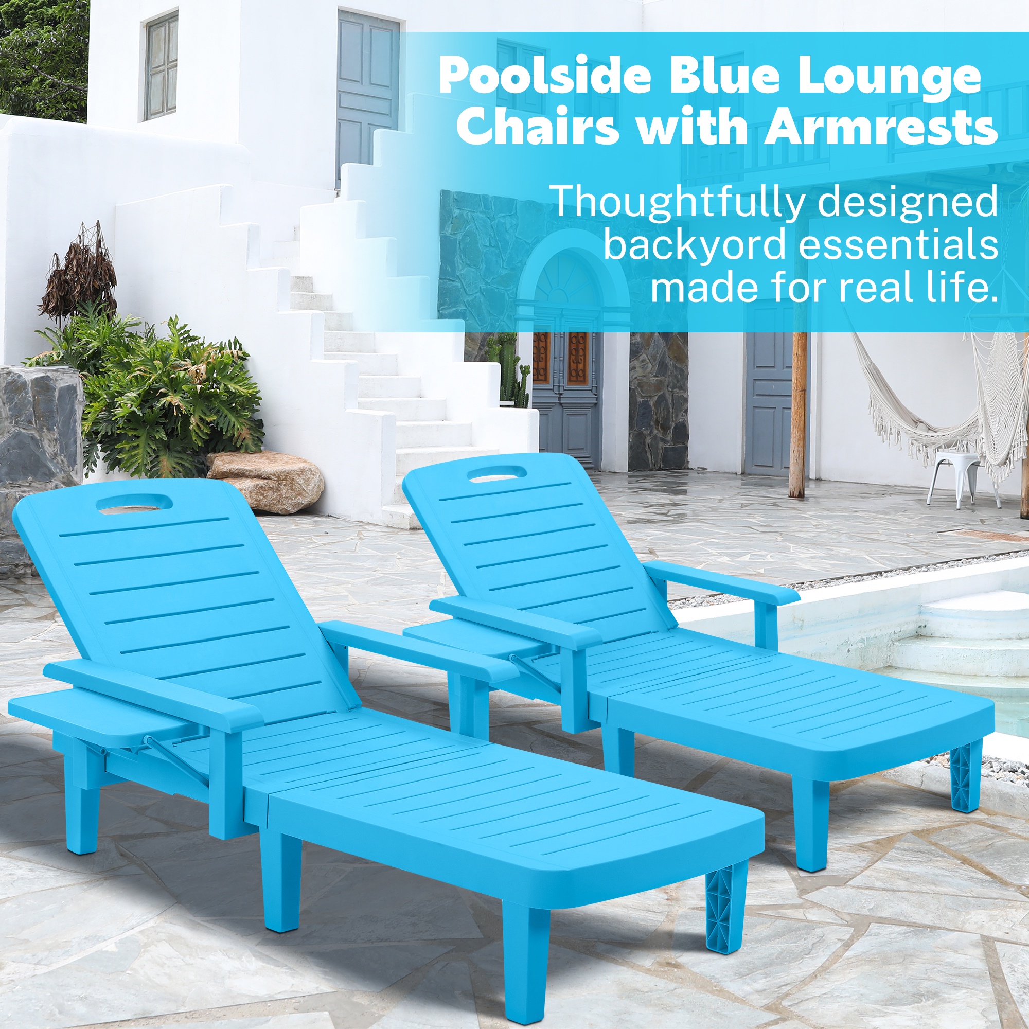 Outdoor Chaise Lounge Chair Furniture Sets of 2, Segmart Patio Pool Recliner, Chaise Chairs Set with Wide Armrest, Side Table, 5-Level Angles Adjust Backrest, Max Weight 440lbs, Blue