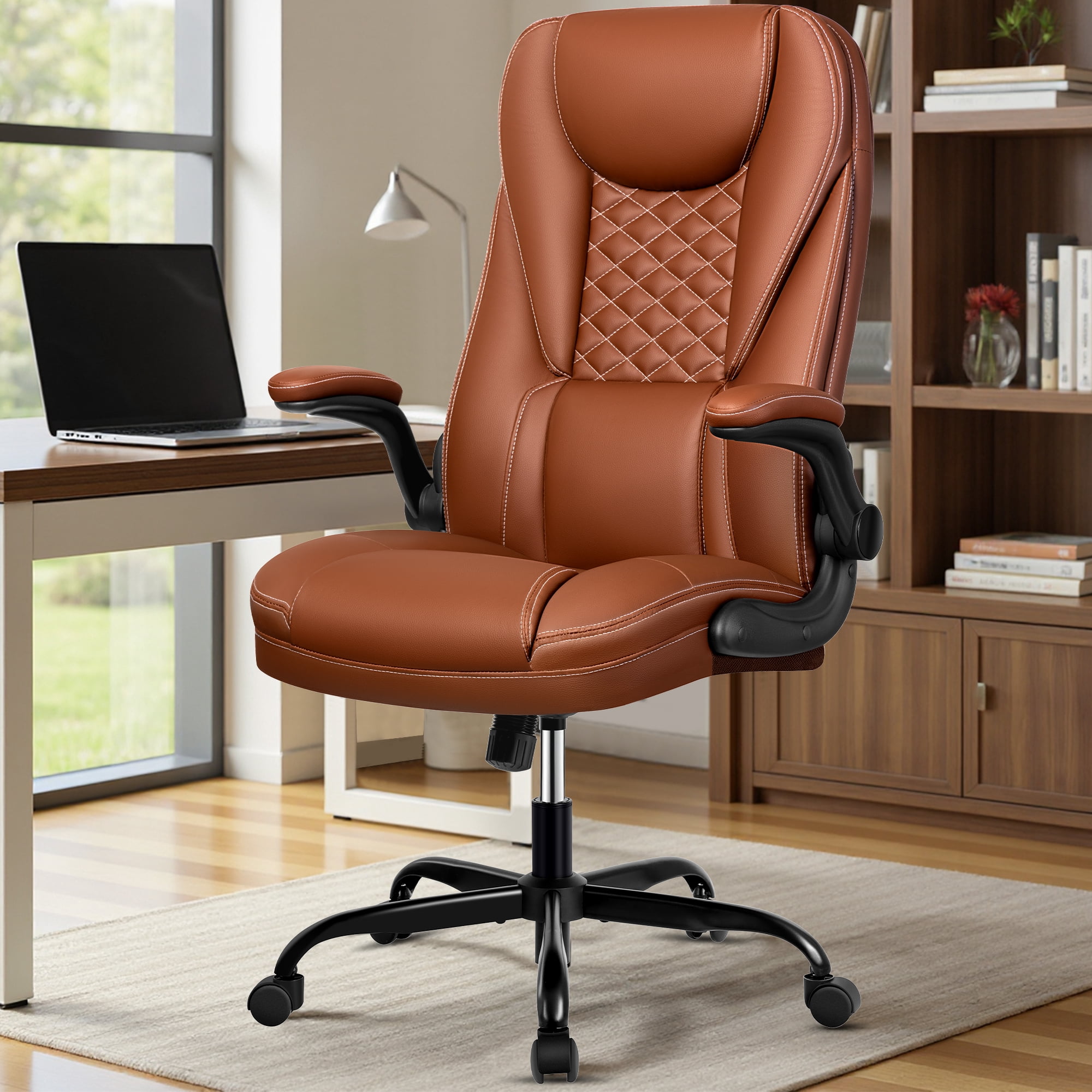 COOLHUT Big and Tall Office Chair, Executive Home Office Desk Chairs, Ergonomic Computer Faux Leather Desk Chair with Adjustable Flip-Up Arms, Lumbar Support Swivel Task Chair, Brown