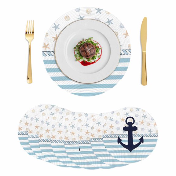 Coastal Nautical Round 13 Inch Placemats Set of 8, Blue Striped Starfish Shell Beach HeatResistant Non Slip Place Mats for Dining Table, Wipeable Braided Kitchen Table Mats for Housewarming