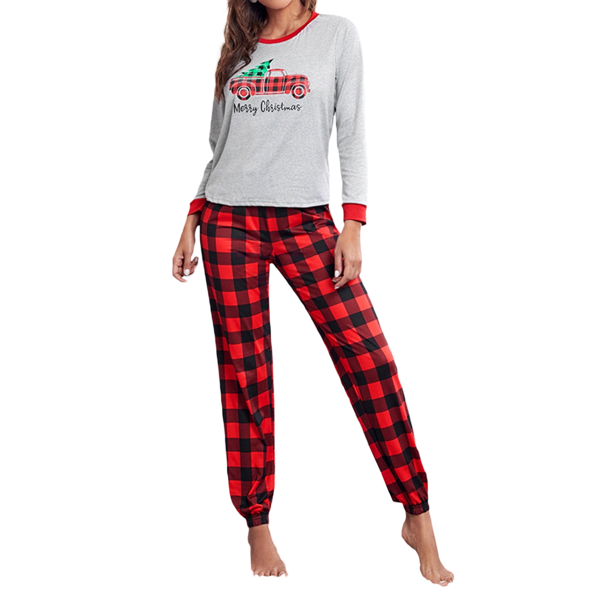 WIFORNT Women s 2 Piece Lounge Set Pajama Set Long Sleeve Truck Print Tops Plaid Pants Sleepwear Sets Walmart