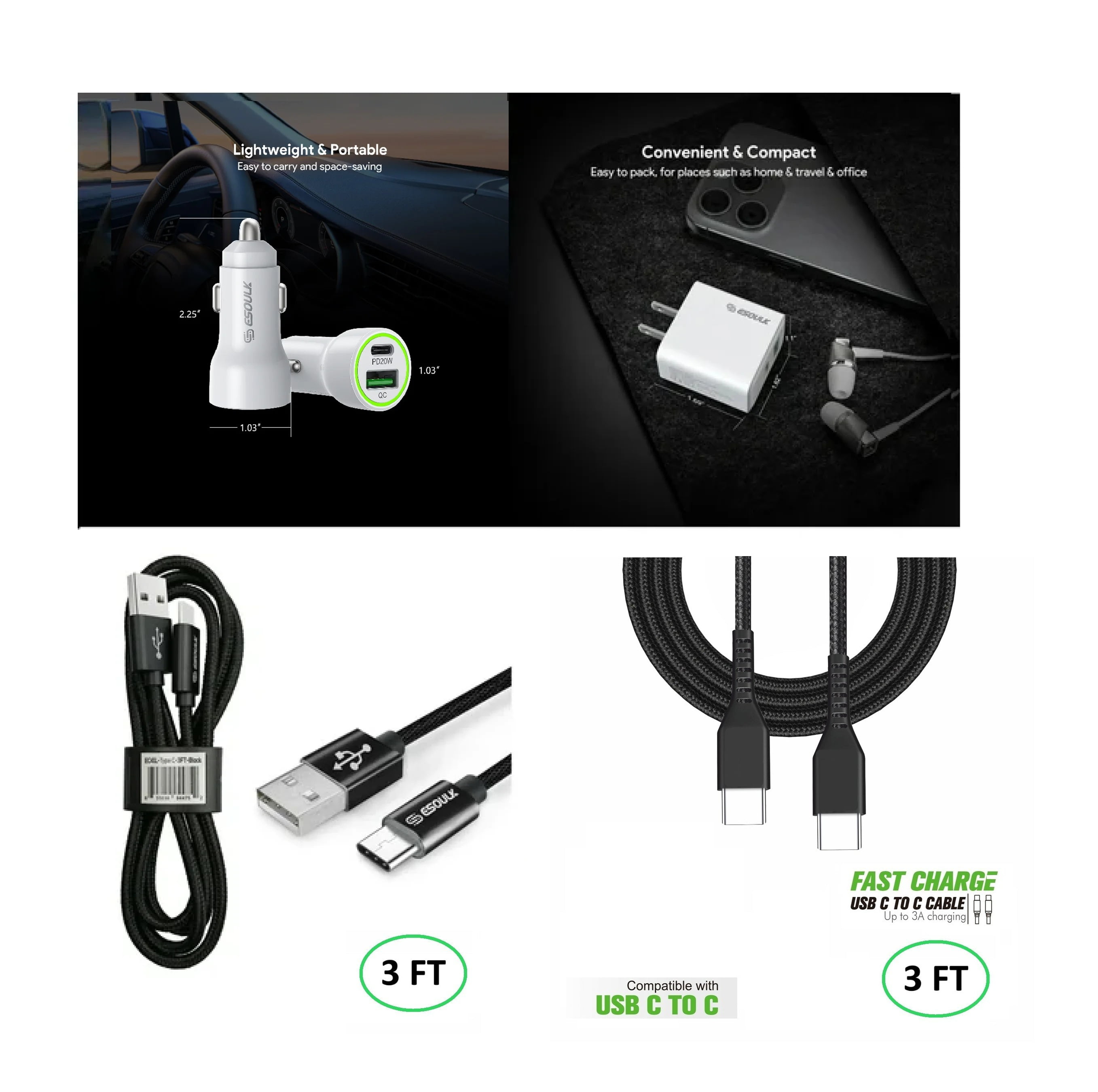 Compatible For Apple iPhone 17e 20W Car Charger Plus 20W Wall Charger with 1X A to C & 1X C to C USB Cable Combo