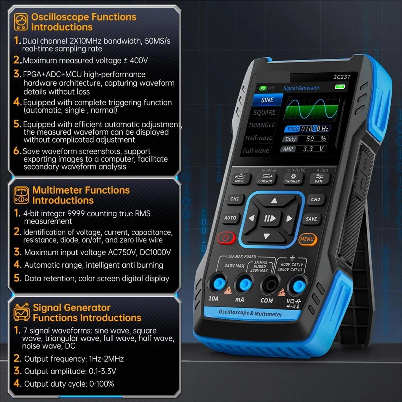 Digital Multimeter Handheld Oscilloscope 10MHZ*2+ Function Signal Generator 9999 Count Smart Professional Tester ,Battery Test