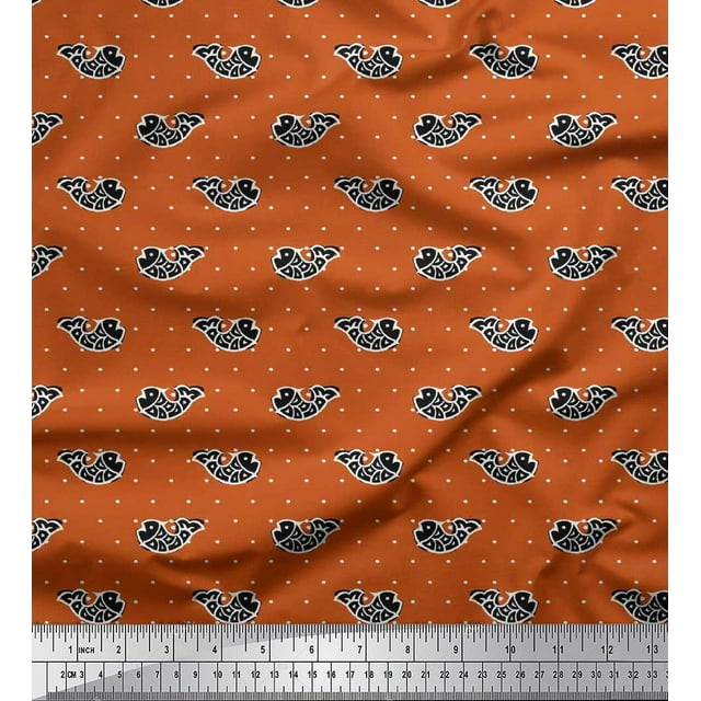 Soimoi Polyester Crepe Fabric Fish Block Print Fabric by Yard 42 Inch Wide