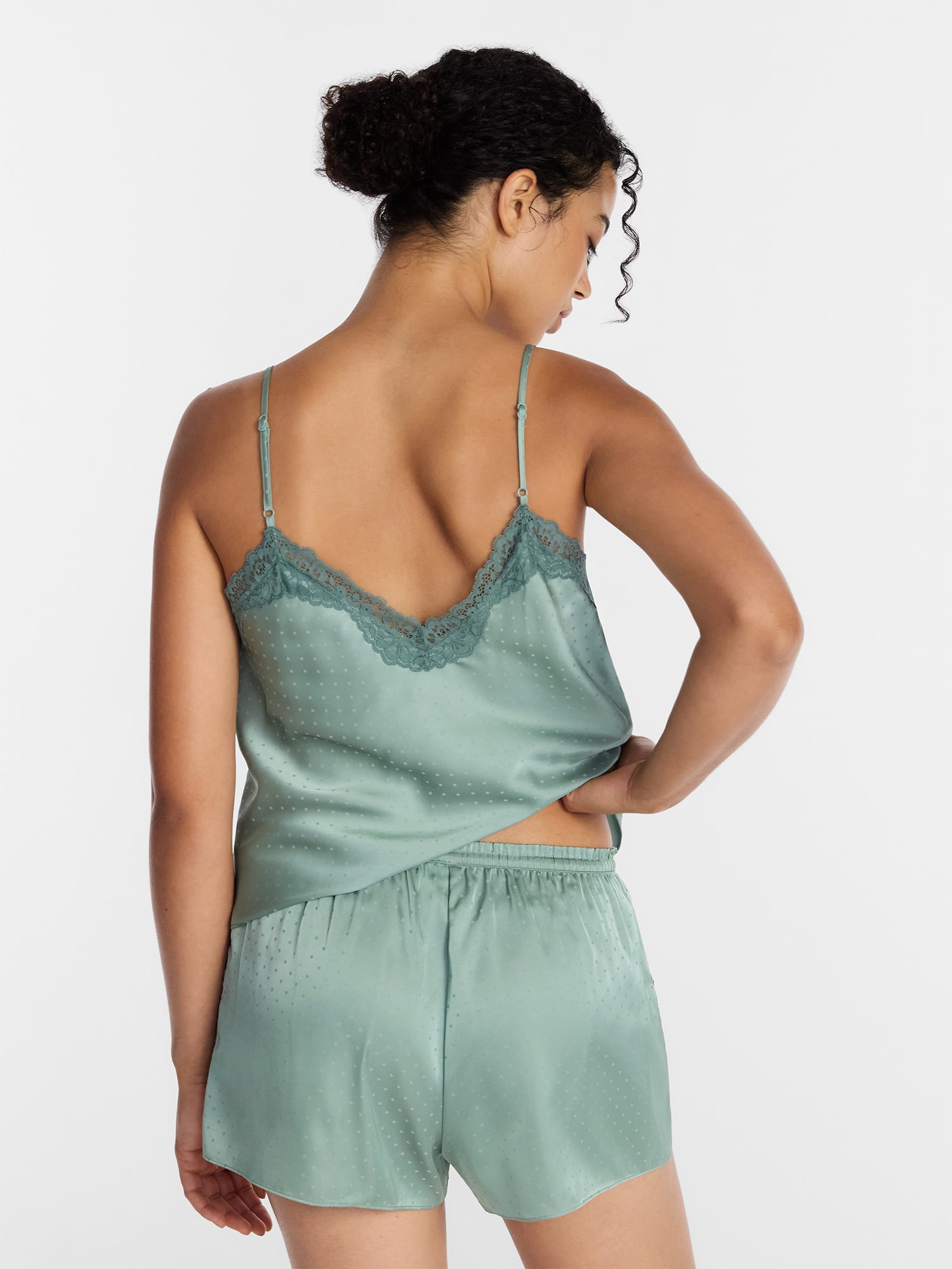 Joyspun Women's Lace Trim Stretch Satin Cami and Shorts Set, 2-Piece, Sizes XS-3X
